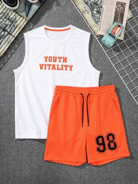 

men letter graphic tank & drawstring waist shorts q45h#, Gray