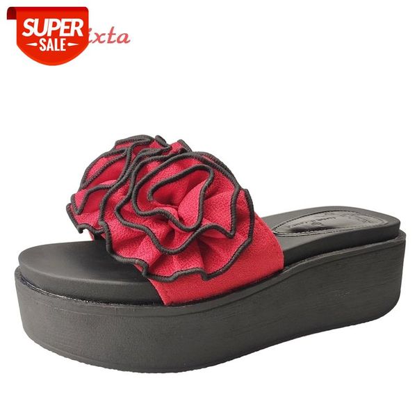 

aphixta red flowers platform slippers women embroider beach 6cm wedge heel shoes clog slides flip flop sandals shoes for women #8i8n, Black