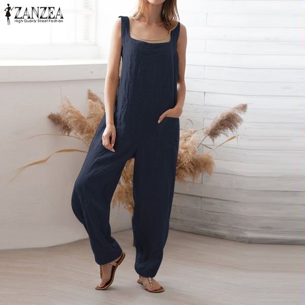 

zanzea causal suspender rompers women's jumpsuits summer vintage linen overalls female tank playsuits combinaison femme 5xl y200422, Black;white