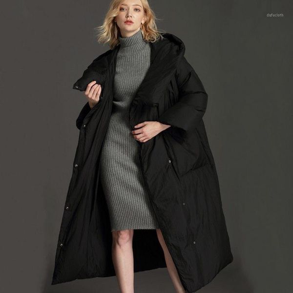

casual loose fit plus long down jacket women hooded oversize 7xl pocket lightweight duck down coat female winter clothes 20201, Black
