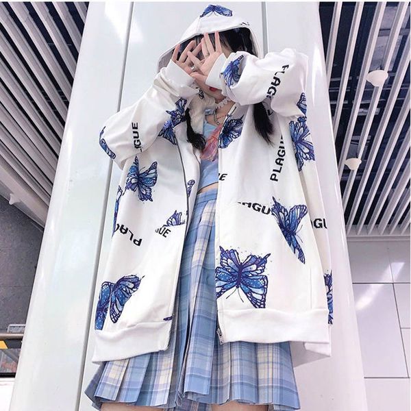 

butterfly elegant 2021 new print autumn long hood female jacket loose streetwear zxe2, Black;brown