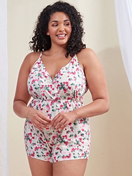 

plus allover print cami sleep romper e4od#, Black;white