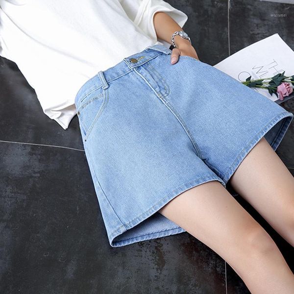 

ailegogo new summer vintage women wide leg blue denim shorts casual female high waist solid color loose jeans shorts1, White;black