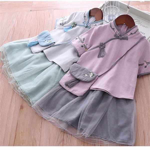 

ligirl retro girls clothes sets 2020 baby kids cheongsam embroidery skirts summer children clothing with purse1, White