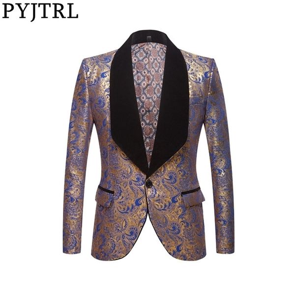 PYJTRL Uomo Moda Nero Blu Rosso Oro Motivo floreale Stampa Scialle Risvolto Slim Blazer Wedding Groom Prom Dress Suit Jacket Costume 201104