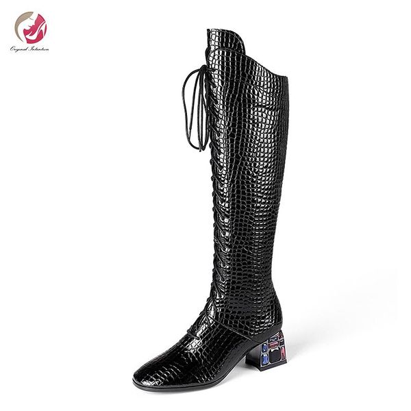 

boots original intention winter knee high lace-up black wine red woman square heels round toe party dress shoes female