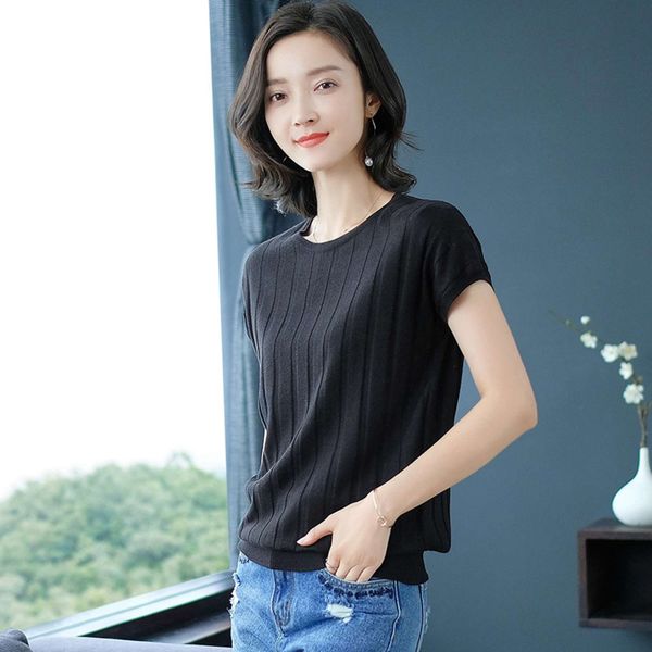 

spring summer 2020 thin short sleeve korean round neck solid t-shirt short loose and simple ice silk sweatert-shirt sweatersweater 3, White