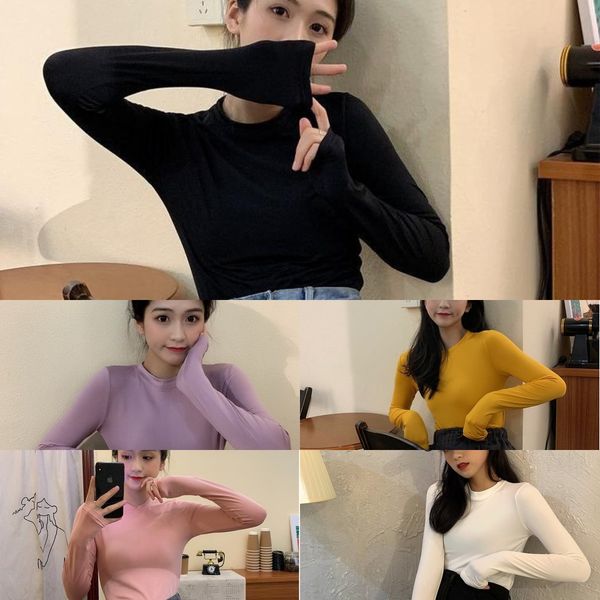 

2020 осень корейской версии простой твердый t- цвета тонкий и тонкий дна рубашки разносторонней шею длинным рукавом футболки для женщин uwlz, White