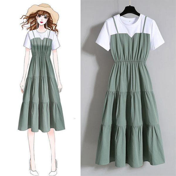 

plus size summer woman fashion fake two pieces new short sleeve slim es for women a-line, Black;gray