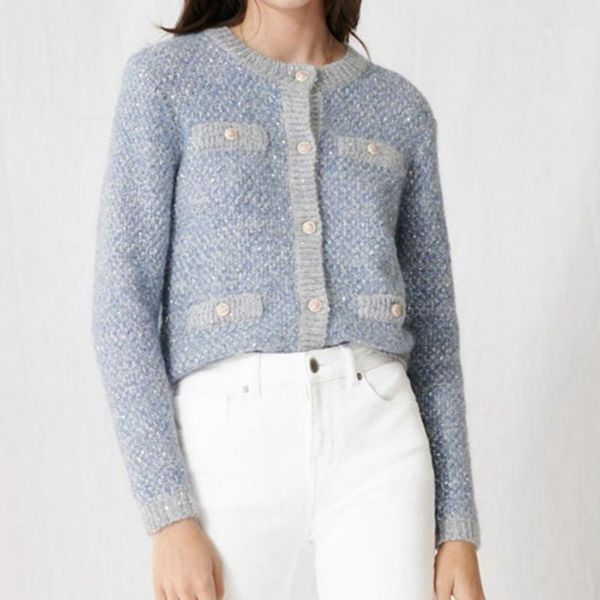 

2020 autumn and winter new temperament buttons ladies self-cultivation contrast color small fragrance knit sweater jacket1, White
