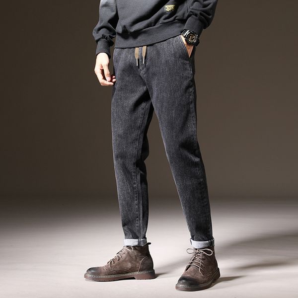 

autumn winter plush and thickened jeans fashion brand waist straight loose men's elastic harem pants, Blue