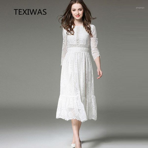 

texiwas 2020 spring autumn new o neck long sleeve hollow lace long section ruffles dress women's fashion slim big swing dress1, Black;gray