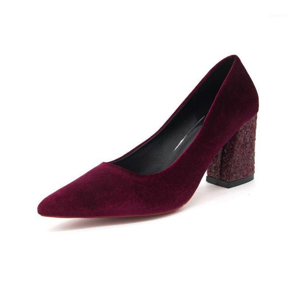 

2020 new spring new thick with flock suede high heels women's fashion simple shallow pointed toe square heel women's shoes1, Black