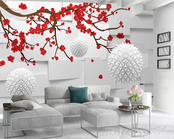 Personalizado floral romântico papel de parede 3D branco esfera flutuante e papel de parede bonito Plum Red 3d for Living costume Room Photo