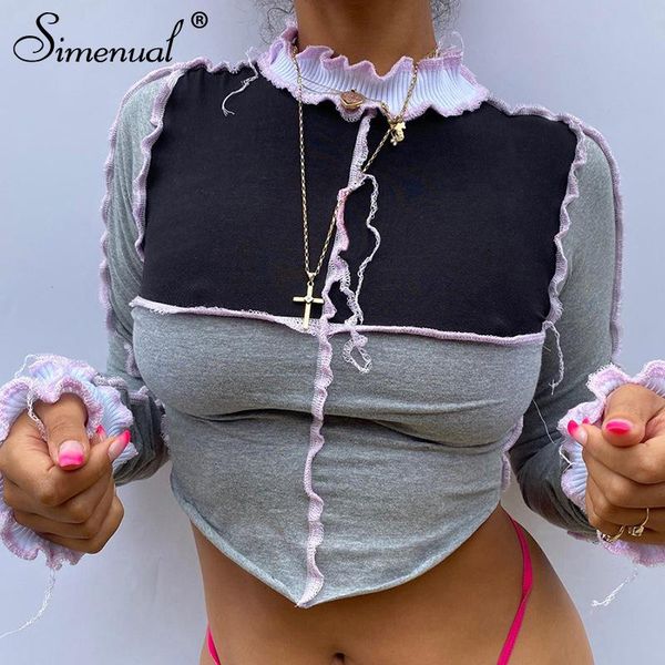 

simenual patchwork long sleeve autumn women t shirt color blocking fashion casual asymmetrical ruffles skinny slim crop, White