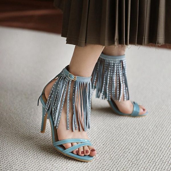

sandals for women 2021 gladiator sandals ankle tassels high heels fashion wedding party ladies shoes large size 32-50 t308, Black