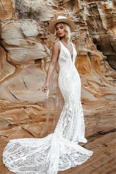 

2021 русалка свадебные платья глубокий v шеи sexy backless кружева аппликация страна свадебное платье сшитое поезд стреловидности пляж сваде, White