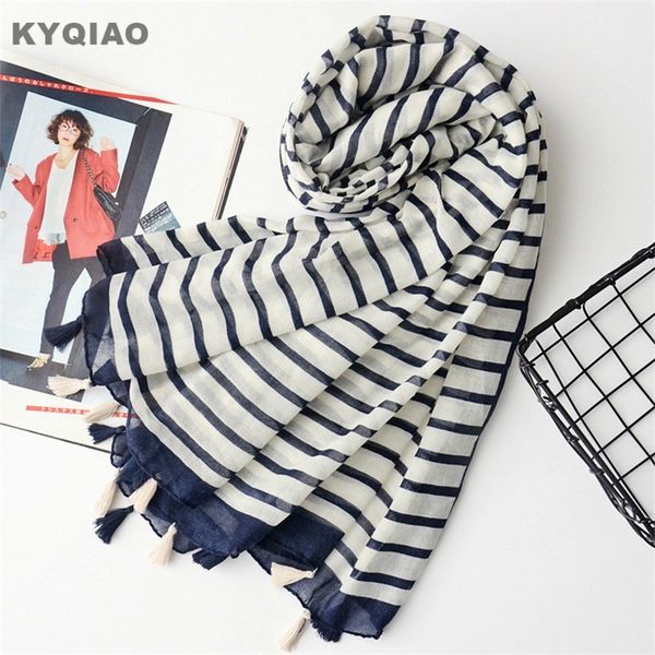 

striped scarf for women autumn spring winter japanese style fresh long striped scarves cape shawl muffler ladies office y201007, Blue;gray