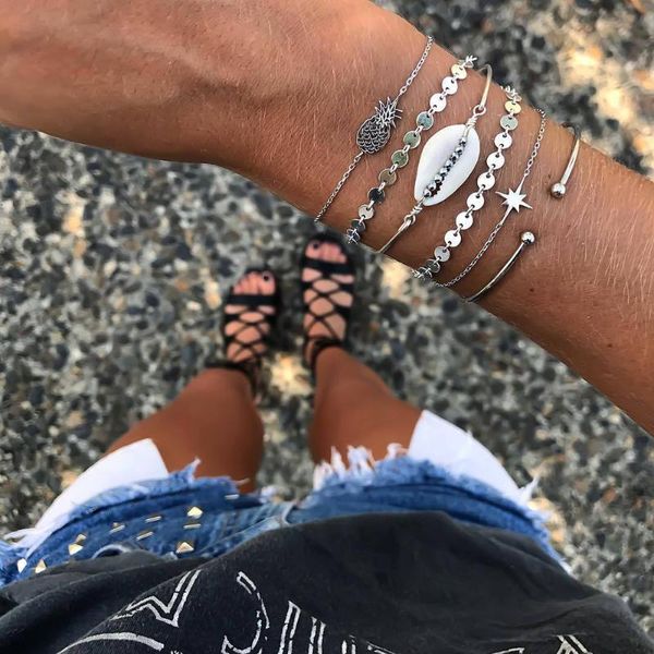 

new boho multilevel vintage silver color sequined pineapple sun shell bracelet fashion bracelets for women new jewelry gift, Black