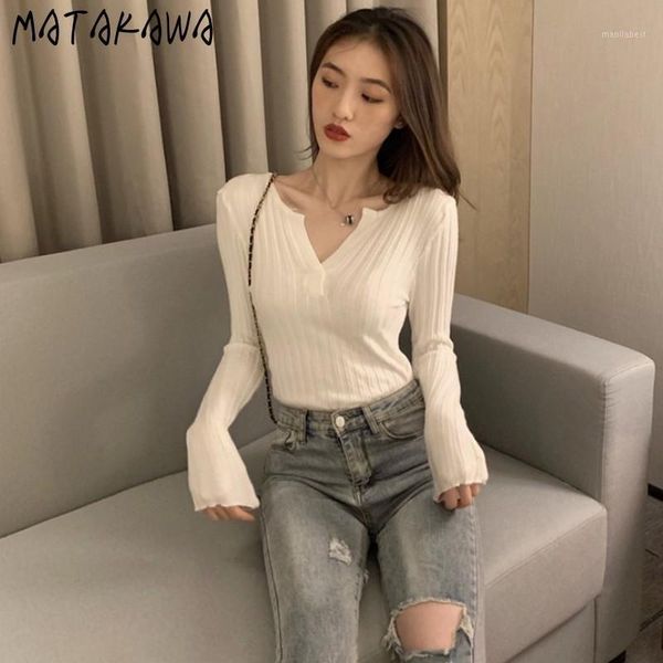 

matakawa hedging bottoming shirt womens 2020 autumn new slimming v-neck knit sweater slim long-sleeved women pullovers1, White;black
