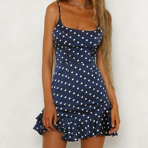 

polka dot ruffles women summer dress spaghetti strap backless beach dress ladies party dress vetement femme 2021, Black;gray