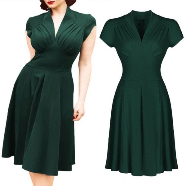 

short sleeve hepburn style 50s v-neck waist closing slim big swing dress, Black;gray