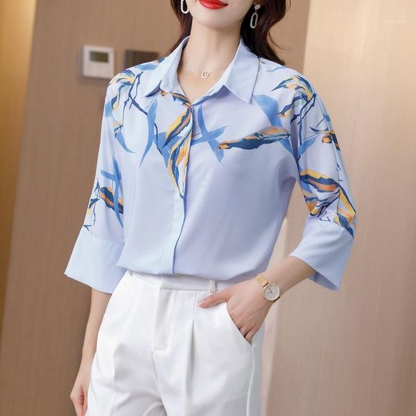 

korean fasion silk women blouse shirts woman satin print blouse shirt office lady silk shirt plus size blusas button half1, White