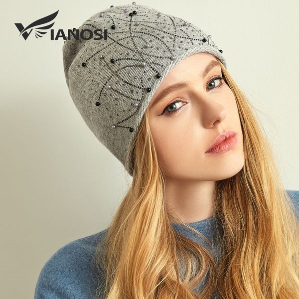 

vianosi winter hats for women warm wool beanies hat brand gorras mujer caps with pearl fashion chapeu feminino 201027, Blue;gray