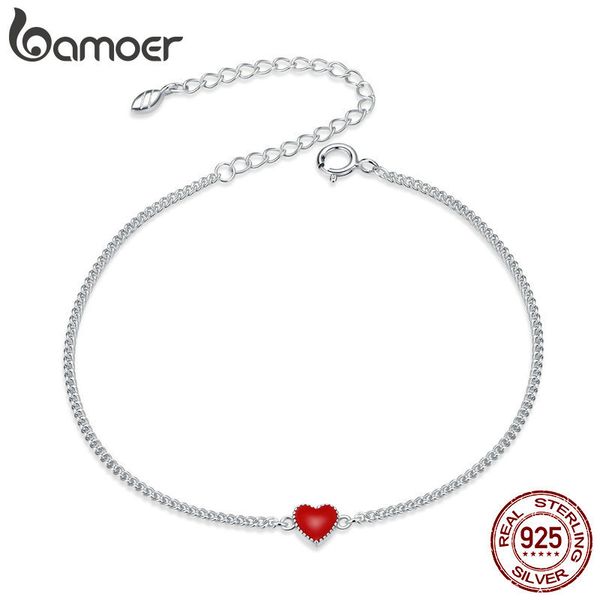 

bamoer authentic 925 sterling silver simple minimalist red heart chain bracelet for women enamel statement fine jewelry scb182 q1118, Black