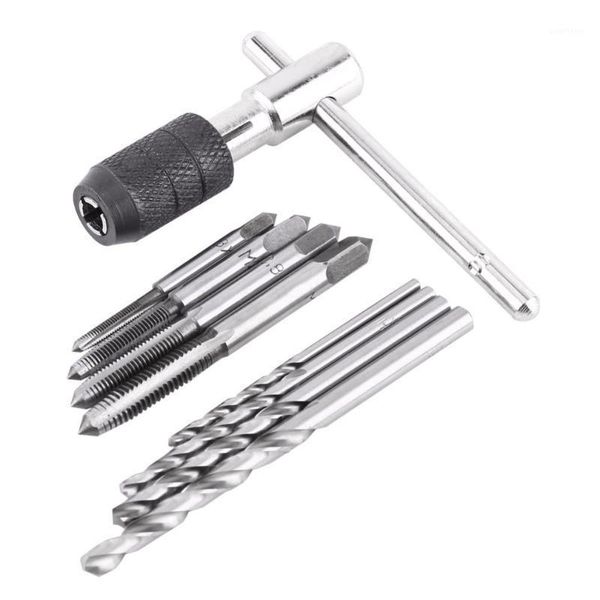 

9pcs/set adjustable m3-m6 t-handle ratchet tap wrench hand screw thread taps reamer tap set with 4pcs twist drill bits1