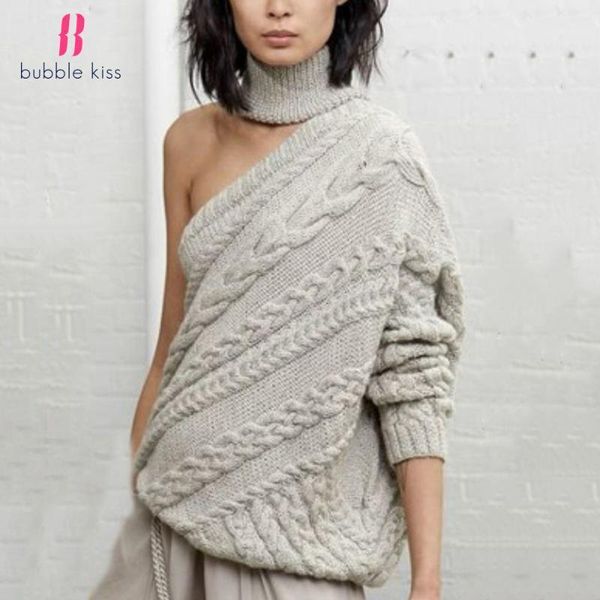 

2020 autumn winter woman knitted sweaters pullovers fashion solid color halter neck strapless female turtleneck jumpers clothing1, White;black