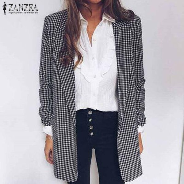 

2020 autumn elegant blazers zanzea casual long sleeve jackets women single button check work blazer coats outwear female tunic, White;black