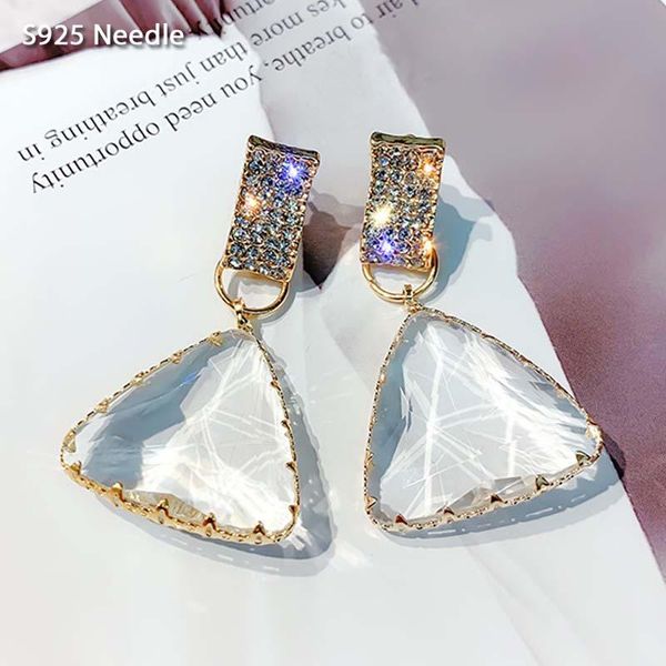 

real 925 sterling silver needle long dangle drop earrings for women jewelry triangular crystal female earrings charm