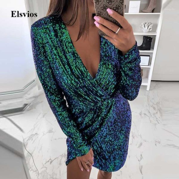 

elsvios v neck slip bodycon dress winter long sleeve glitter mini dress autumn sequini shiny party clubwear vestidos1, Black;gray
