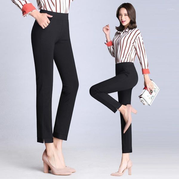 

2020 autumn spring women pencil pants fashion high waist elasticity plus size ladies casual trousers ankle-length pants split1, Black;white