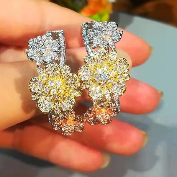 

hoop & huggie mirco paved cubic zirconia charm shiny blooming flowers earrings for women bridal wedding gift important occasion jewelry, Golden;silver