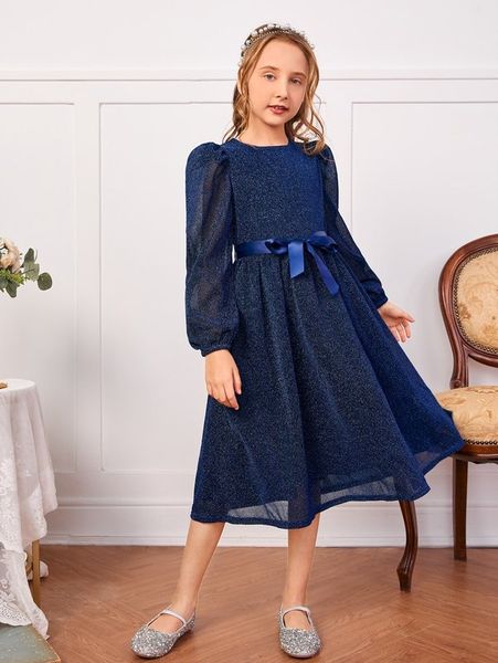 

girls bishop sleeve self belted glitter dress she, Red;yellow