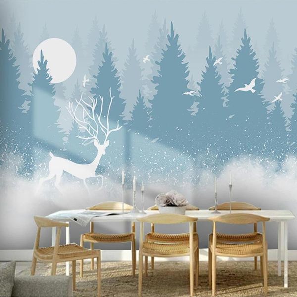 

custom 3d mural wallpaper nordic modern forest elk bird children room bedroom background wall painting self-adhesive wallpaper