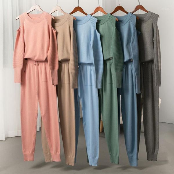

autumn and winter 2020 tracksuit women 2 piece set sweater knitted off-shoulder sweaters and pants sets two piece track suits1, White
