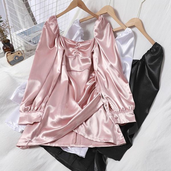 

square collar satin mini party dress women elegant long sleeve high waist irregular pink/black/white vestidos spring autumn, Black;gray