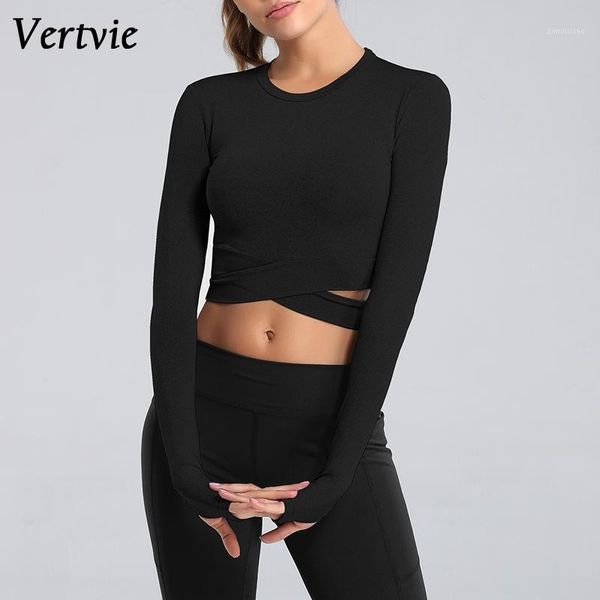 

vertvie exposed navel yoga t-shirts women long sleeve running tees quick dry fitness gym crop solid sports shirts1, White;red
