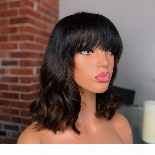 

mongolian highlight body wave human hair wigs with bangs 180density short bob fringe silk full lace wigs for black women, Black;brown