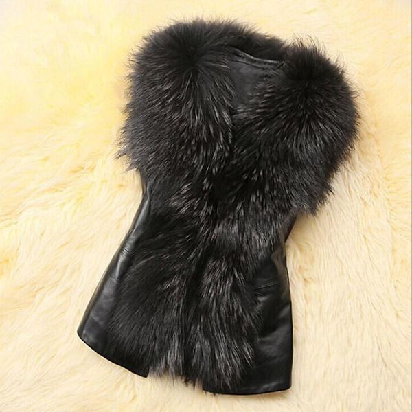 

autumn winter new faux fur waistcoat women sleeveless casual vest fur trim slim short vest jacket outwear overcoat gilet1, Black