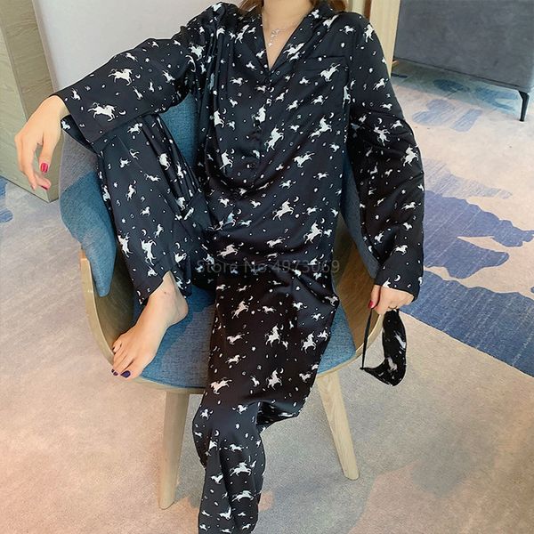 

summer long sleeve pajamas long sleeve ice silk homewear women pajamas set trousers suit printing ladies fashion pyjamas set h1210, Black;red