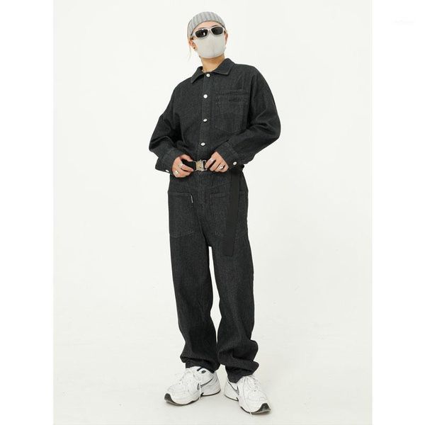 

men belt long sleeve casual denim jumpsuit cargo pant jeans male streetwear hip hop overalls jumpsuits trousers regular mid 87731, Blue