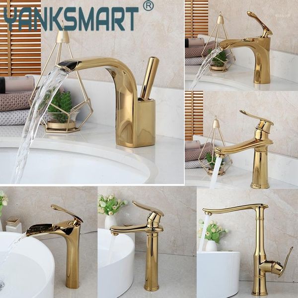 

luxury faucet torneira misturador banheiro deck mounted taps single handle waterfall mixer tap good quality gold bathroom brass1