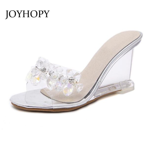 

joyhopy korean style all-match wedges sandals summer 2021 new high heels rhinestone crystal transparent wedges shoes ws1671, Black