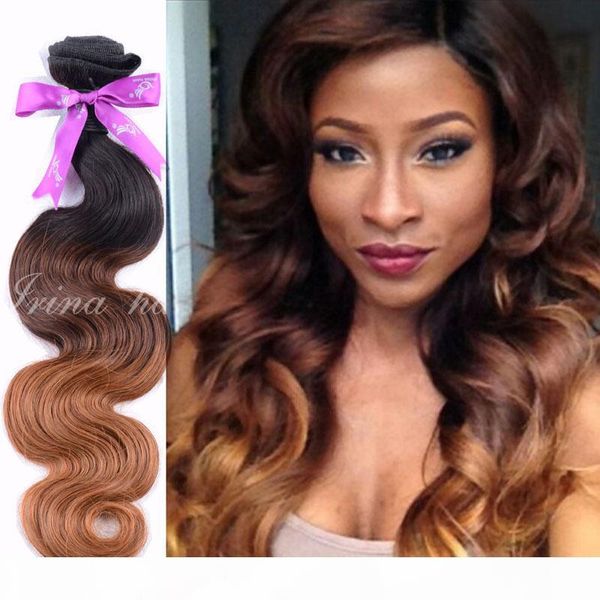 

3 bundles 7a unprocessed virgin 100% unprocessed remy human hair weaving ombre three tone 1b 4 30 color peruvian body wave hair extensions, Black
