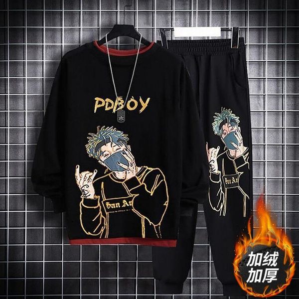 

autumn and winter plush net red character sweater t-shirt long sleeve hip hop ins trendy loose crew neck fake two piece men's wear, Black
