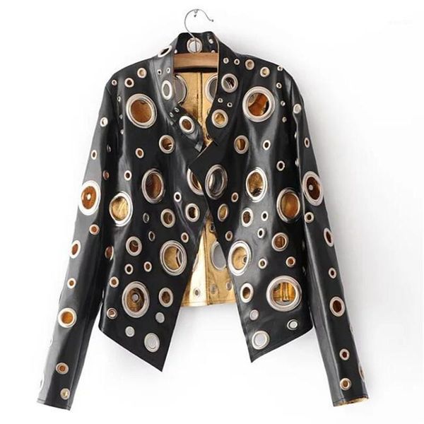 

2019 new autumn metal hole hole motorcycle short jacket women coat stand collar slim pu leather jacket women1, Black